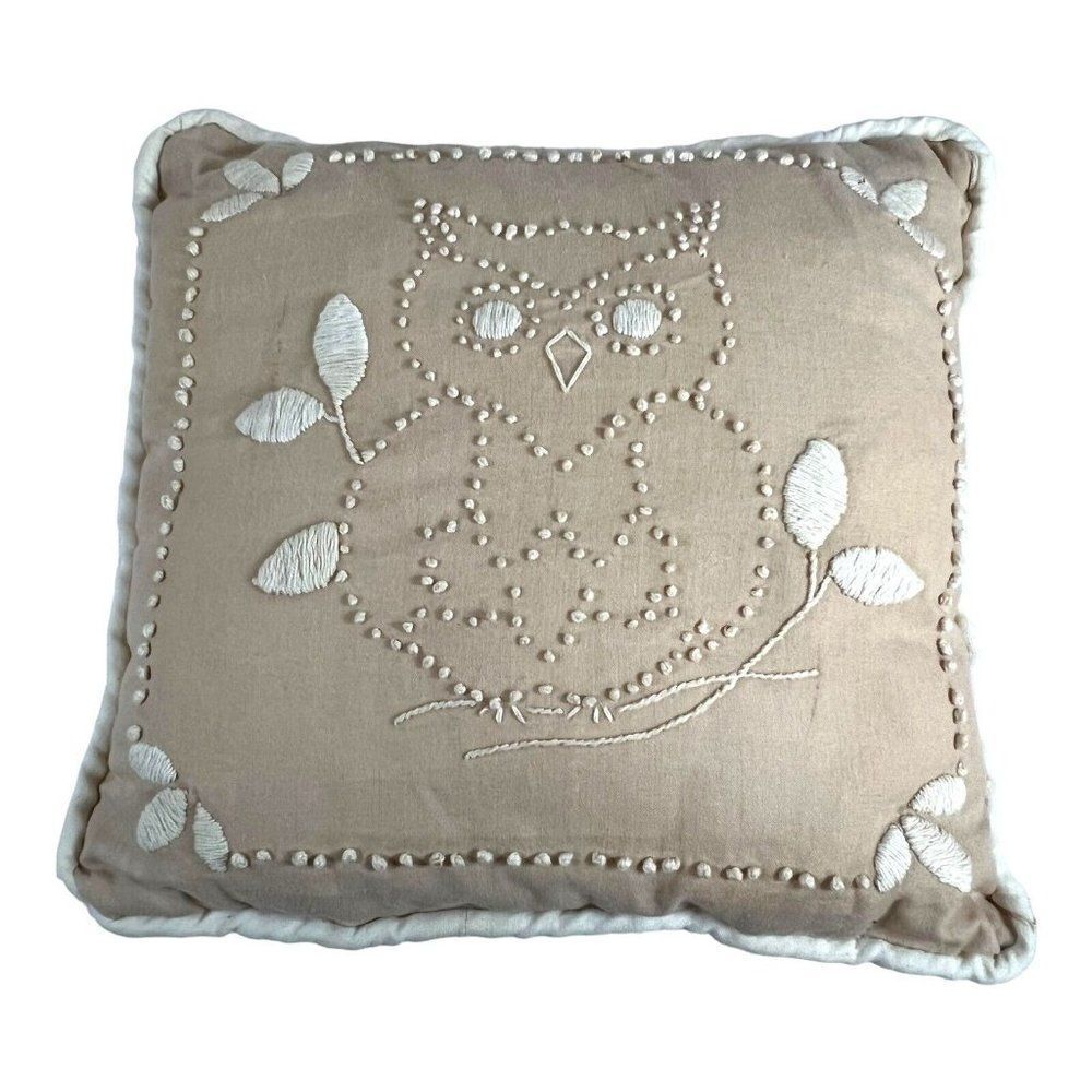 Vintage French Knot Owl Light Brown Throw Accent Pillow 9.5” Boho Kitsch READ